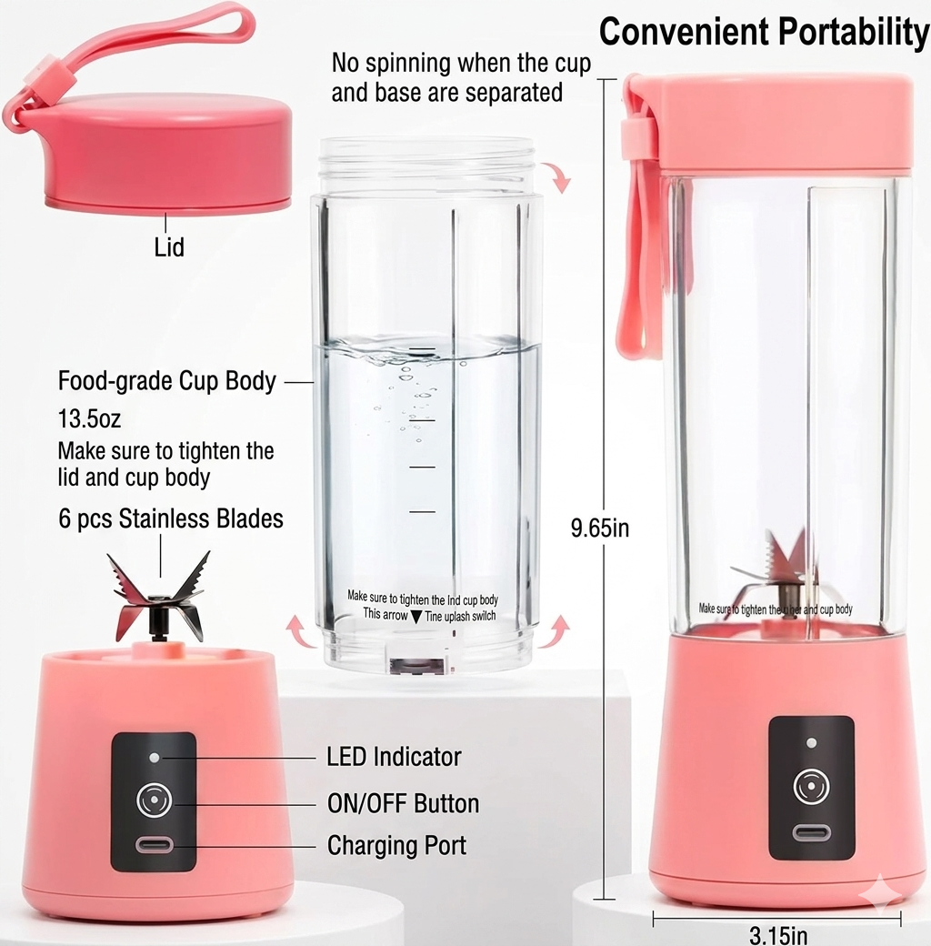 Portable USB Rechargeable Blender Bottle for Smoothies & Juices (6 Blade, Travel Friendly)
