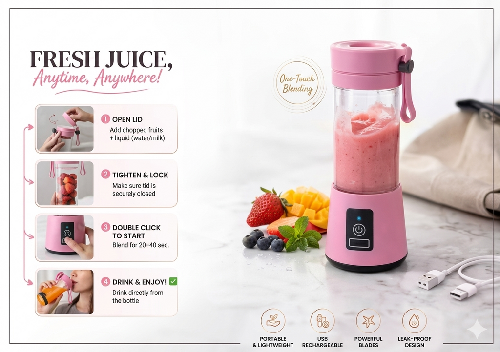 Portable USB Rechargeable Blender Bottle for Smoothies & Juices (6 Blade, Travel Friendly)